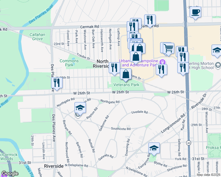 map of restaurants, bars, coffee shops, grocery stores, and more near 7625 West 25th Street in North Riverside