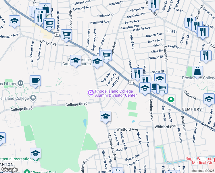 map of restaurants, bars, coffee shops, grocery stores, and more near 44 Lennon Street in Providence