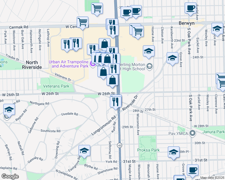 map of restaurants, bars, coffee shops, grocery stores, and more near 2516 South Harlem Avenue in North Riverside