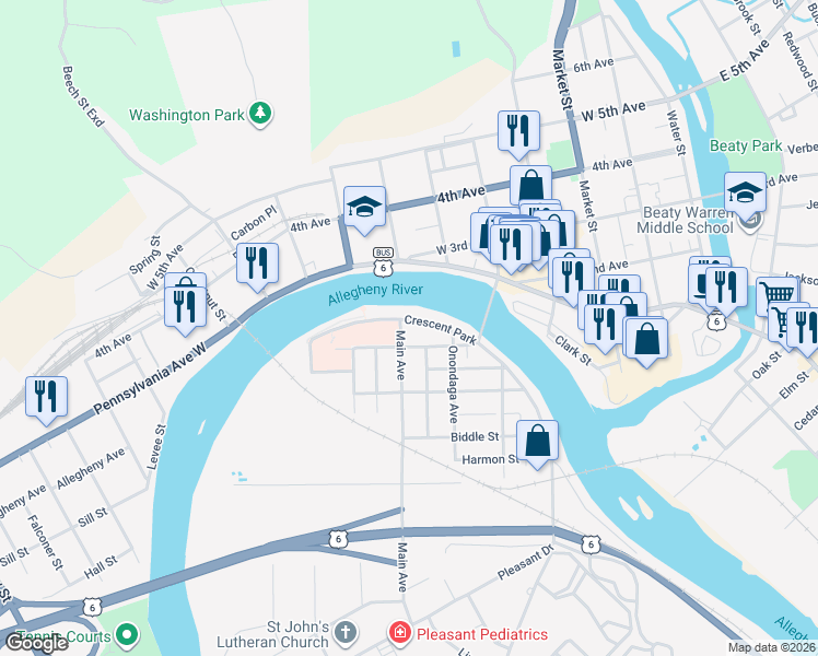 map of restaurants, bars, coffee shops, grocery stores, and more near 1 Main Avenue in Warren