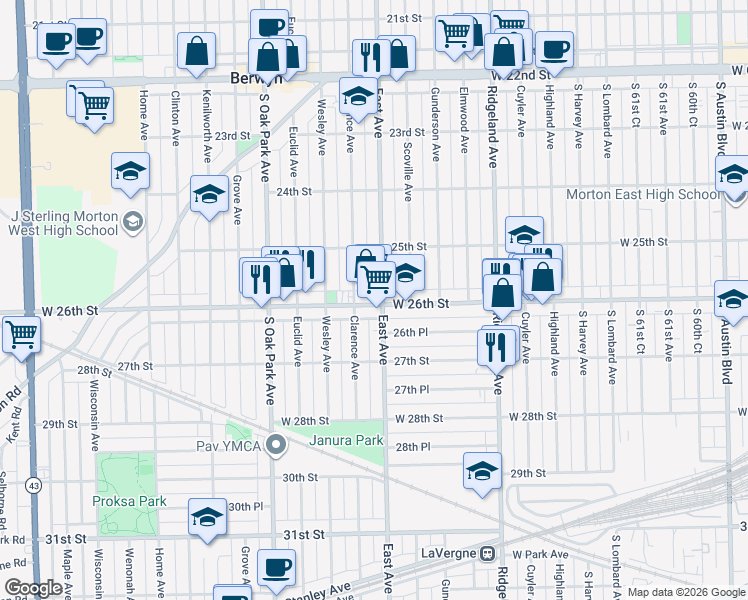 map of restaurants, bars, coffee shops, grocery stores, and more near 6603 W 26th St in Berwyn