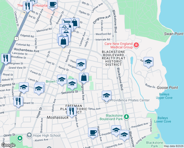 map of restaurants, bars, coffee shops, grocery stores, and more near 66 Faunce Drive in Providence