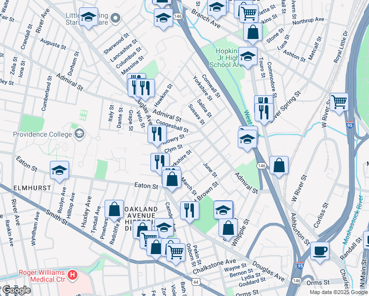 map of restaurants, bars, coffee shops, grocery stores, and more near 64 Clym Street in Providence