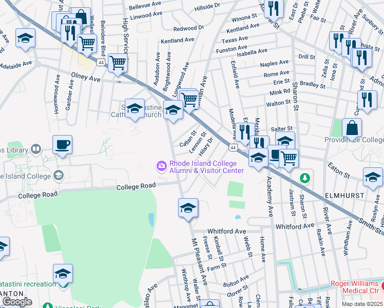 map of restaurants, bars, coffee shops, grocery stores, and more near 44 Lennon Street in Providence
