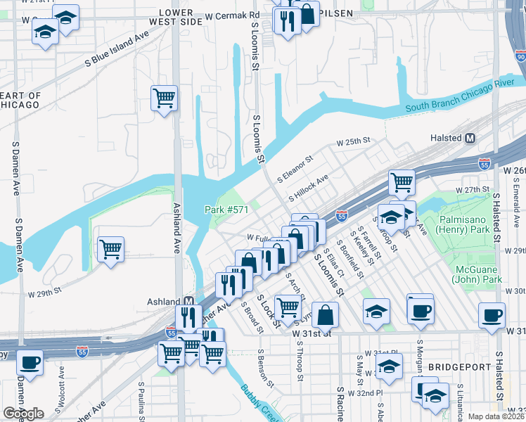 map of restaurants, bars, coffee shops, grocery stores, and more near 2804 South Hillock Avenue in Chicago