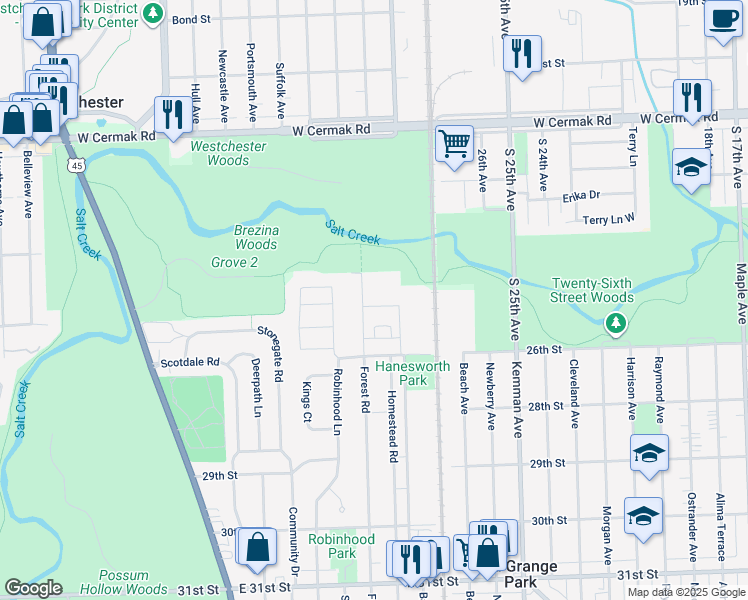 map of restaurants, bars, coffee shops, grocery stores, and more near 1645 Forest Road in La Grange Park
