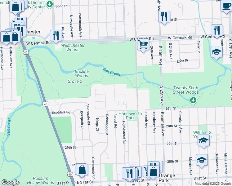 map of restaurants, bars, coffee shops, grocery stores, and more near 1645 Forest Road in La Grange Park
