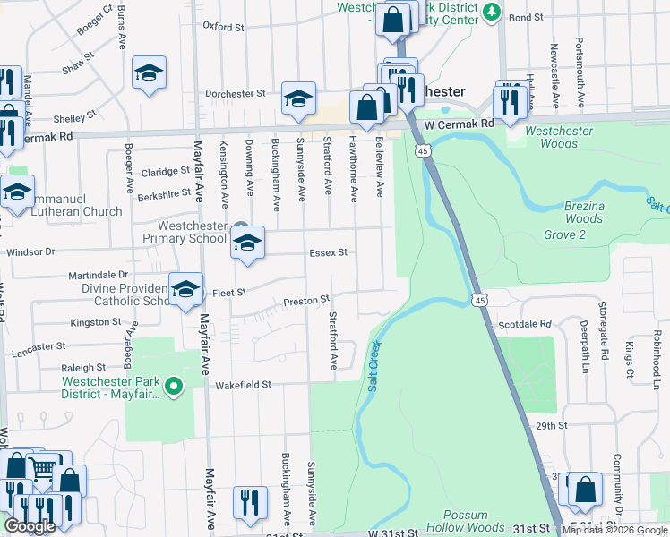 map of restaurants, bars, coffee shops, grocery stores, and more near 10529 Essex Street in Westchester