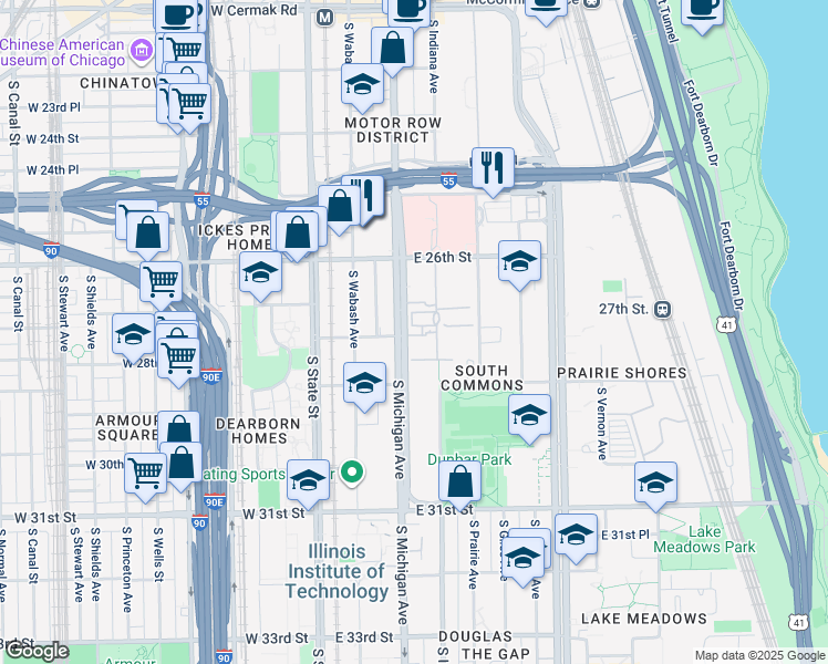 map of restaurants, bars, coffee shops, grocery stores, and more near 2731 South Michigan Avenue in Chicago