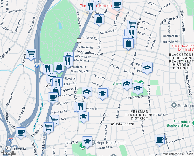 map of restaurants, bars, coffee shops, grocery stores, and more near 14 Forest Street in Providence