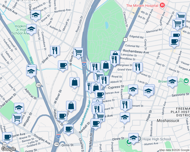 map of restaurants, bars, coffee shops, grocery stores, and more near 76 Branch Avenue in Providence