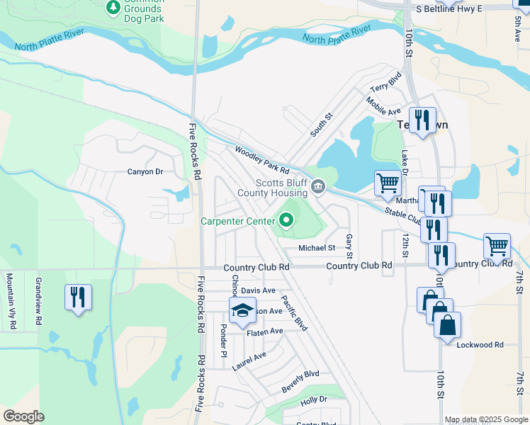 map of restaurants, bars, coffee shops, grocery stores, and more near 116 Terry Boulevard in Gering