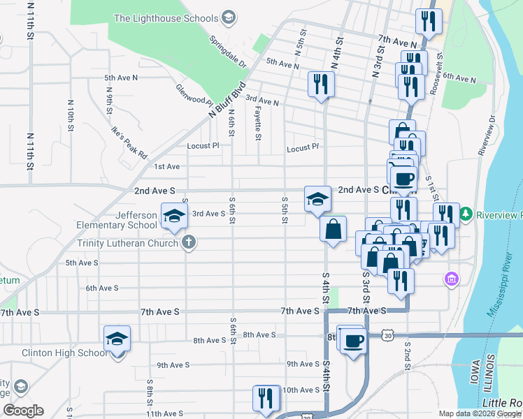 map of restaurants, bars, coffee shops, grocery stores, and more near 544 3rd Avenue South in Clinton
