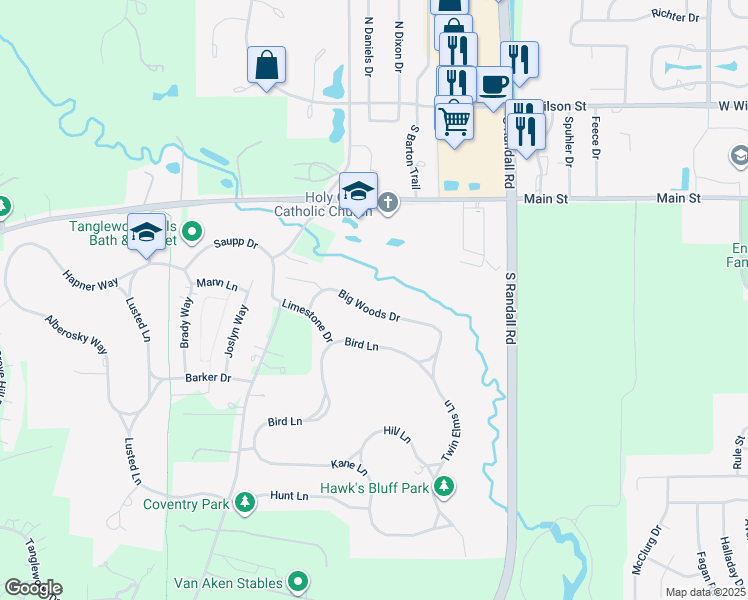map of restaurants, bars, coffee shops, grocery stores, and more near 2321 Big Woods Drive in Batavia