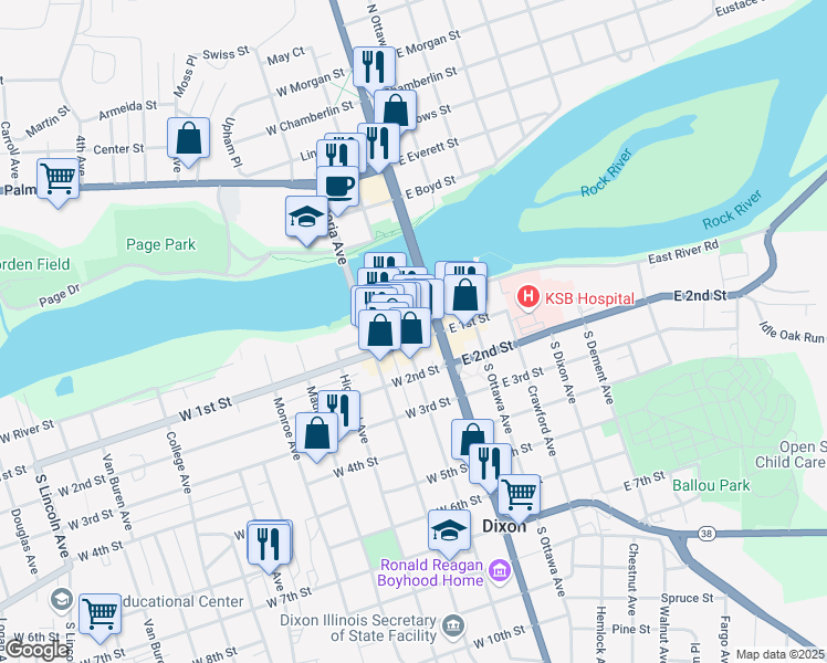 map of restaurants, bars, coffee shops, grocery stores, and more near 120 West River Street in Dixon