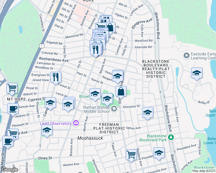 map of restaurants, bars, coffee shops, grocery stores, and more near 85 Savoy Street in Providence