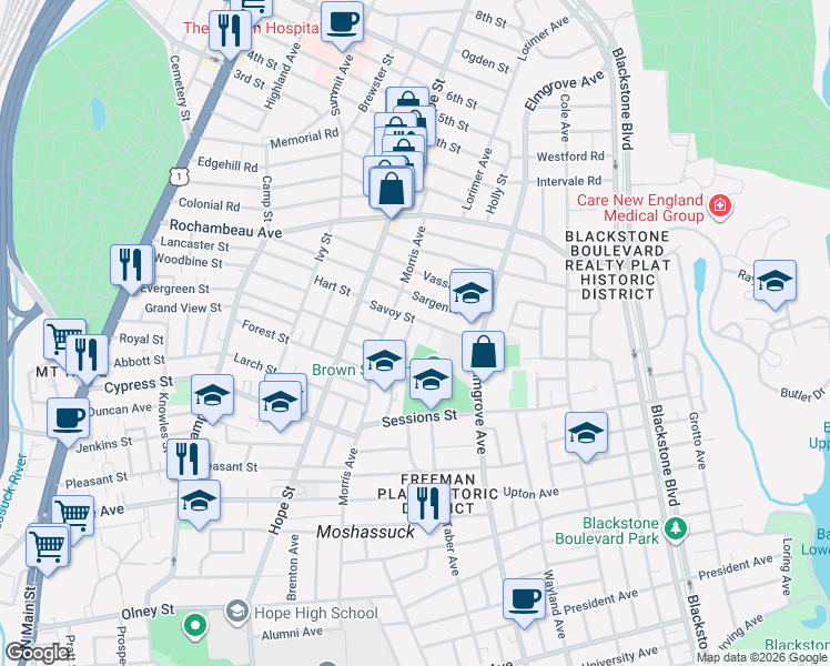 map of restaurants, bars, coffee shops, grocery stores, and more near 49 Savoy Street in Providence