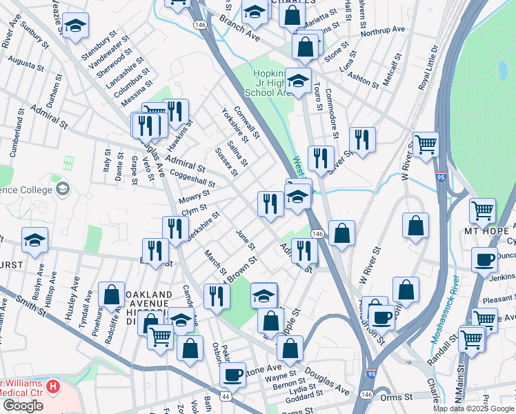 map of restaurants, bars, coffee shops, grocery stores, and more near 149 Donelson Street in Providence