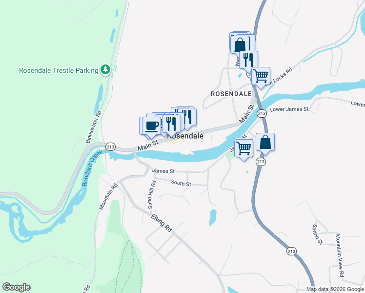 map of restaurants, bars, coffee shops, grocery stores, and more near 401 Main Street in Kingston