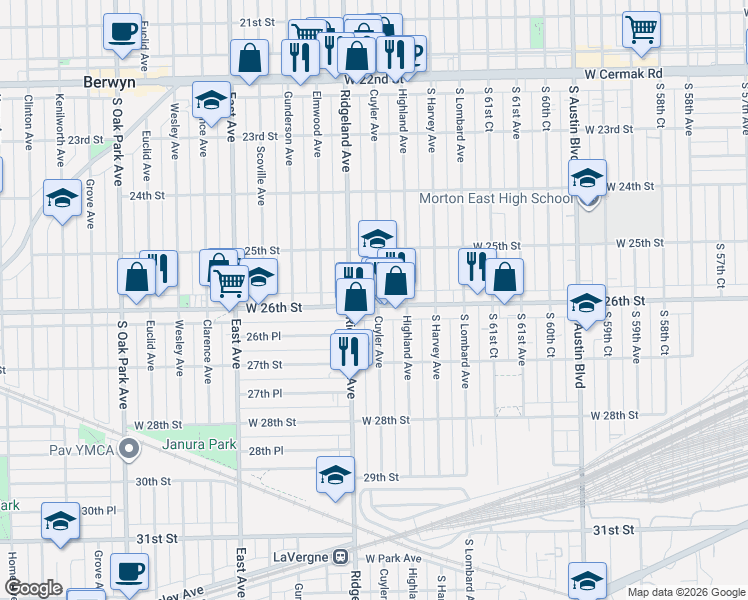 map of restaurants, bars, coffee shops, grocery stores, and more near 2531 Ridgeland Avenue in Berwyn
