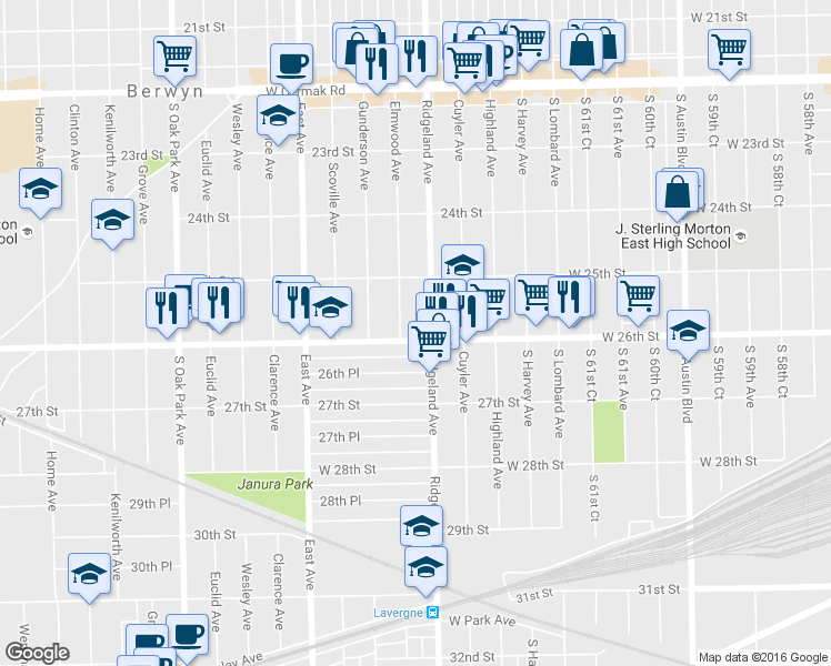map of restaurants, bars, coffee shops, grocery stores, and more near 2533 Elmwood Avenue in Berwyn