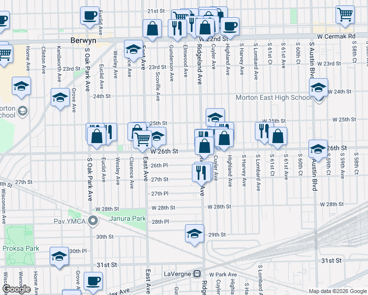 map of restaurants, bars, coffee shops, grocery stores, and more near 2533 Elmwood Avenue in Berwyn
