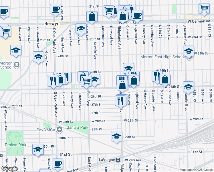 map of restaurants, bars, coffee shops, grocery stores, and more near 2534 Gunderson Avenue in Berwyn