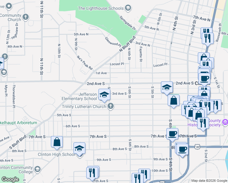 map of restaurants, bars, coffee shops, grocery stores, and more near 645 2nd Avenue South in Clinton