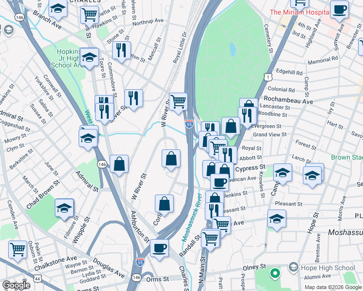 map of restaurants, bars, coffee shops, grocery stores, and more near 181 Corliss Street in Providence