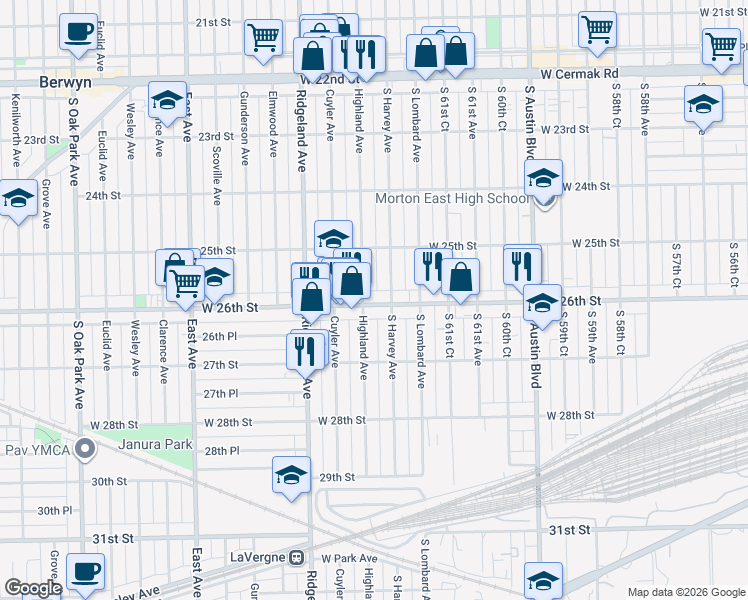 map of restaurants, bars, coffee shops, grocery stores, and more near 6243 West 26th Street in Berwyn