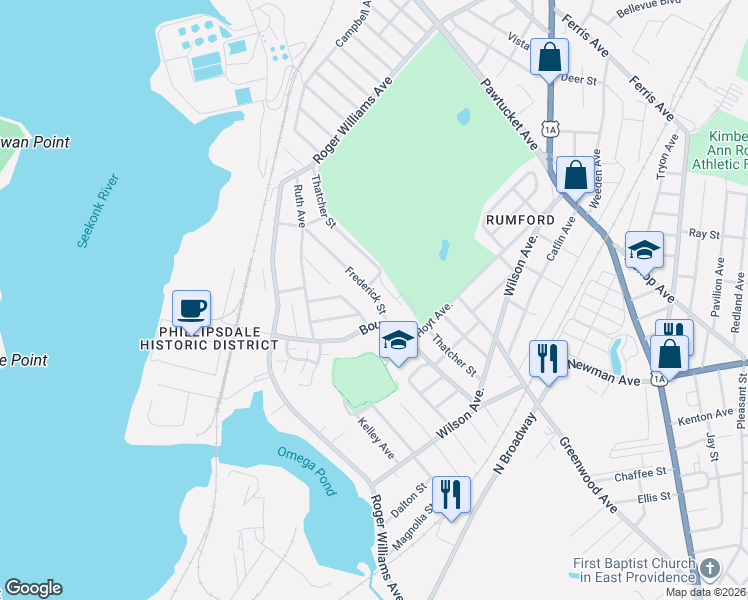 map of restaurants, bars, coffee shops, grocery stores, and more near 50 Frederick Street in East Providence