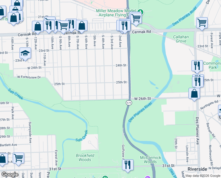 map of restaurants, bars, coffee shops, grocery stores, and more near 2508 South 3rd Avenue in North Riverside