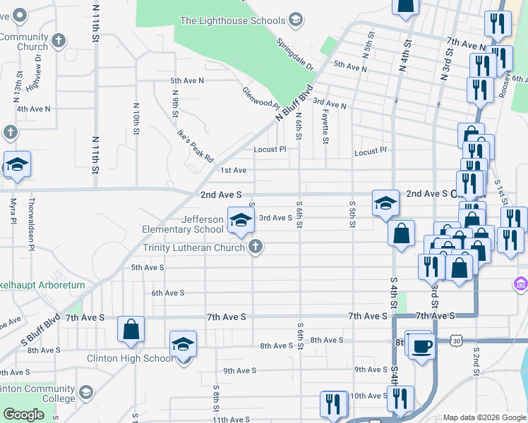 map of restaurants, bars, coffee shops, grocery stores, and more near 645 2nd Avenue South in Clinton