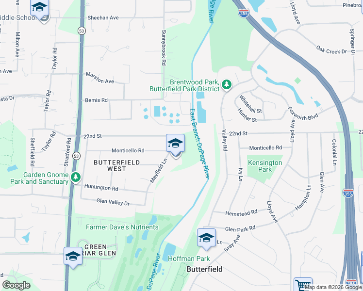 map of restaurants, bars, coffee shops, grocery stores, and more near Mayfield Lane in Glen Ellyn