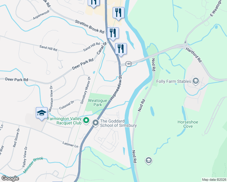 map of restaurants, bars, coffee shops, grocery stores, and more near 6 Pheasant Lane in Simsbury