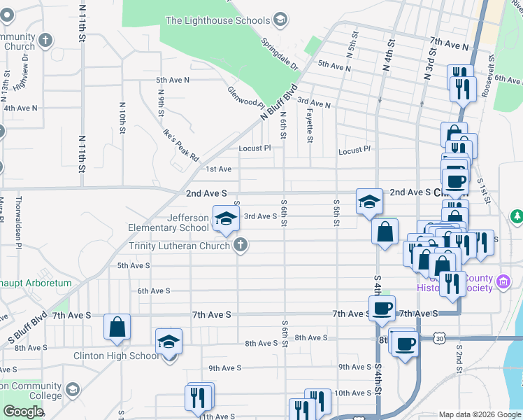 map of restaurants, bars, coffee shops, grocery stores, and more near 645 2nd Avenue South in Clinton