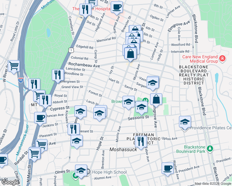map of restaurants, bars, coffee shops, grocery stores, and more near 22 Elgin Street in Providence