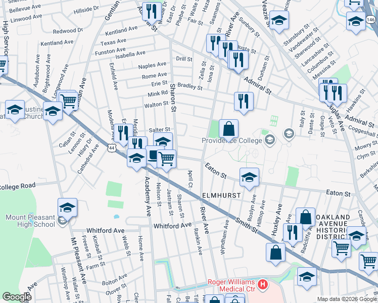 map of restaurants, bars, coffee shops, grocery stores, and more near 43 College Road in Providence