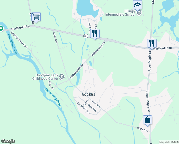 map of restaurants, bars, coffee shops, grocery stores, and more near 500 Lindenwood Drive in Killingly