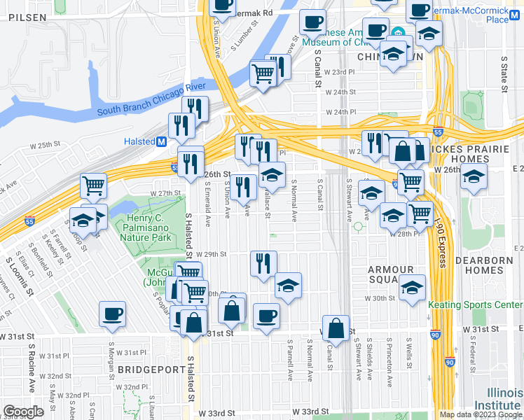map of restaurants, bars, coffee shops, grocery stores, and more near 2710 South Wallace Street in Chicago