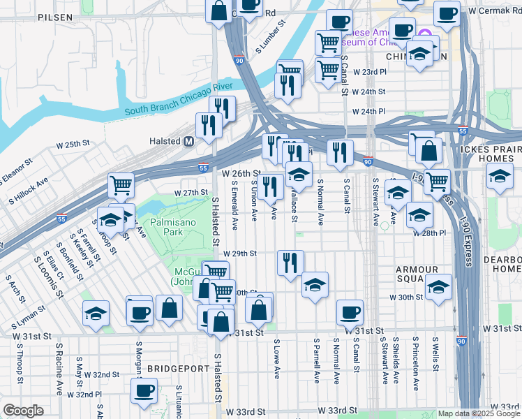 map of restaurants, bars, coffee shops, grocery stores, and more near 2713 South Union Avenue in Chicago