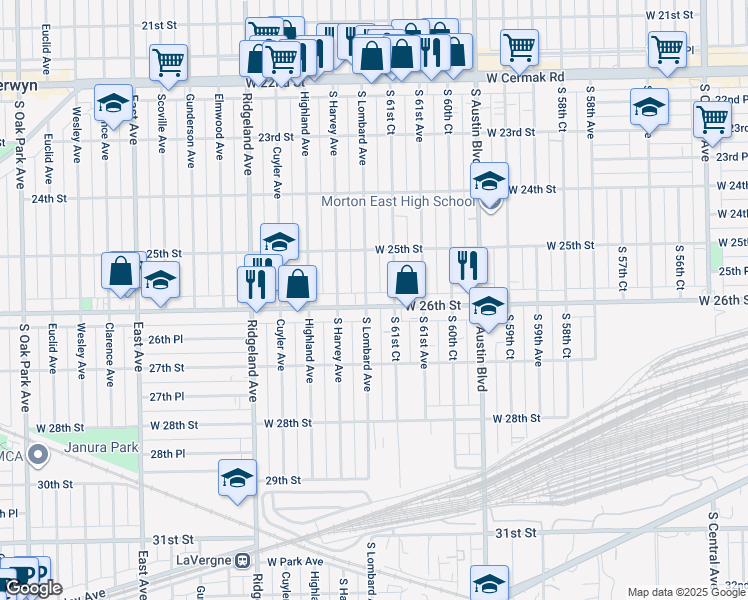 map of restaurants, bars, coffee shops, grocery stores, and more near 2538 Lombard Avenue in Berwyn
