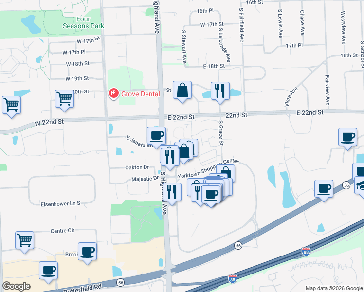 map of restaurants, bars, coffee shops, grocery stores, and more near 2233 South Highland Avenue in Lombard