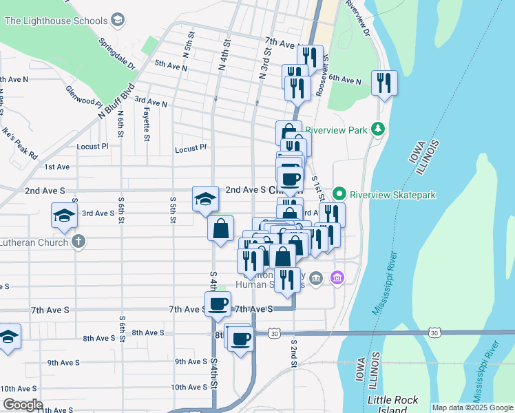 map of restaurants, bars, coffee shops, grocery stores, and more near 201-299 South 3rd Street in Clinton