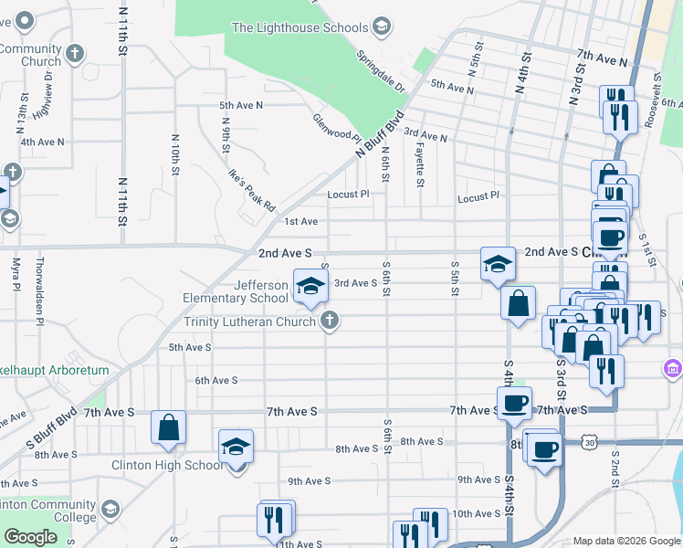 map of restaurants, bars, coffee shops, grocery stores, and more near 645 2nd Avenue South in Clinton