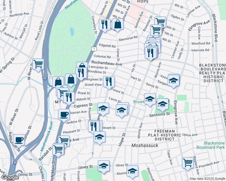 map of restaurants, bars, coffee shops, grocery stores, and more near 15 Forest Street in Providence