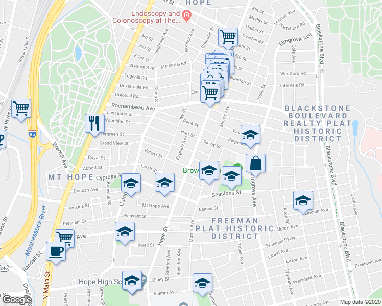 map of restaurants, bars, coffee shops, grocery stores, and more near 622 Hope Street in Providence