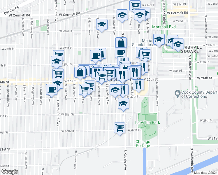 map of restaurants, bars, coffee shops, grocery stores, and more near 2625 South Spaulding Avenue in Chicago