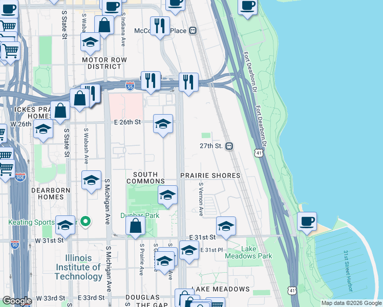 map of restaurants, bars, coffee shops, grocery stores, and more near 2801 South King Drive in Chicago