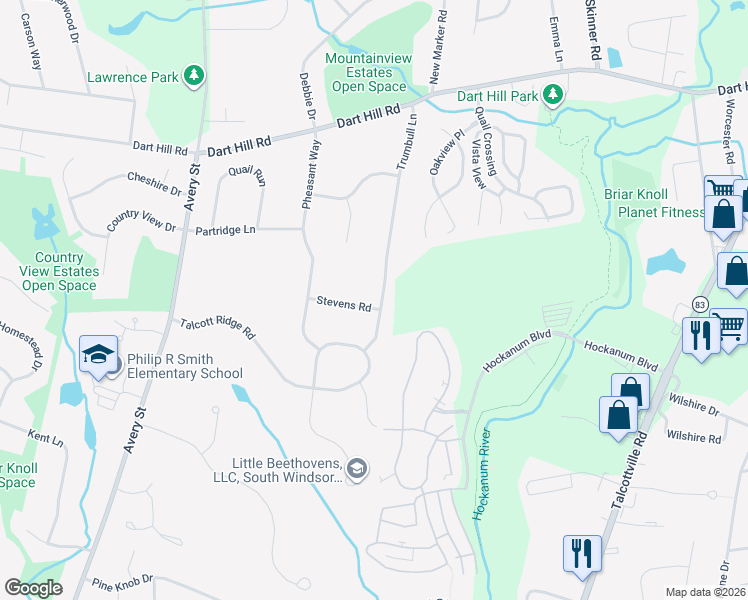 map of restaurants, bars, coffee shops, grocery stores, and more near 24 Stevens Road in South Windsor